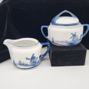 Blue and White Porcelain Cream and Sugar Bowl Nautical Lighthouse Sailboat VTG